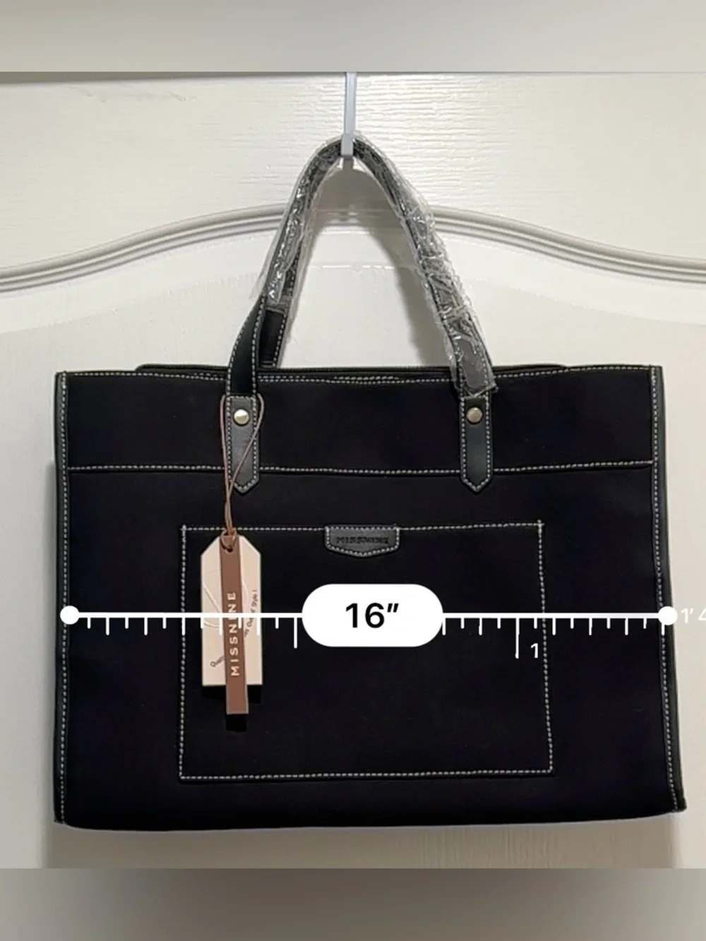 Missnine Black Laptop Canvas Tote Bag with Shoulder Strap - NWT